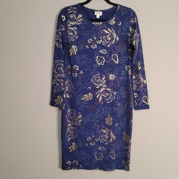 Lularoe Elegant Debbie Gold Metallic Floral Print Pencil Sheath Dress Blue Small - Picture 2 of 10
